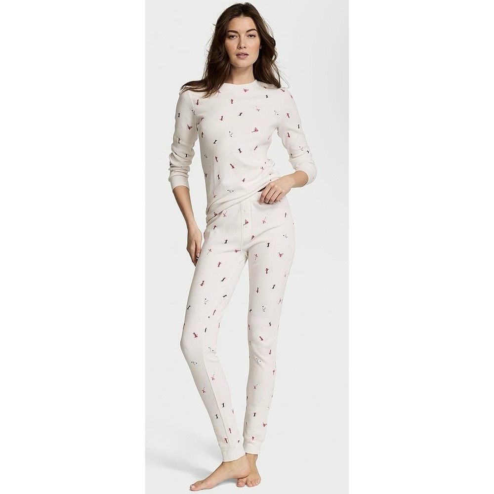 Victoria's Secret Women Size Large Coconut Skiers Thermal Long Pajama Set White